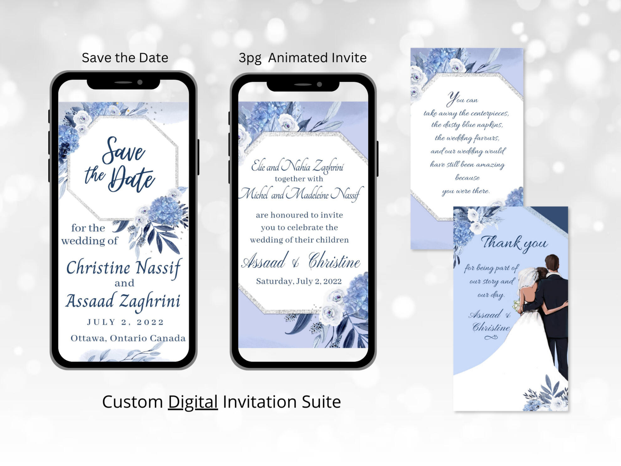 custom wedding digital design with dusty blue and navy florals