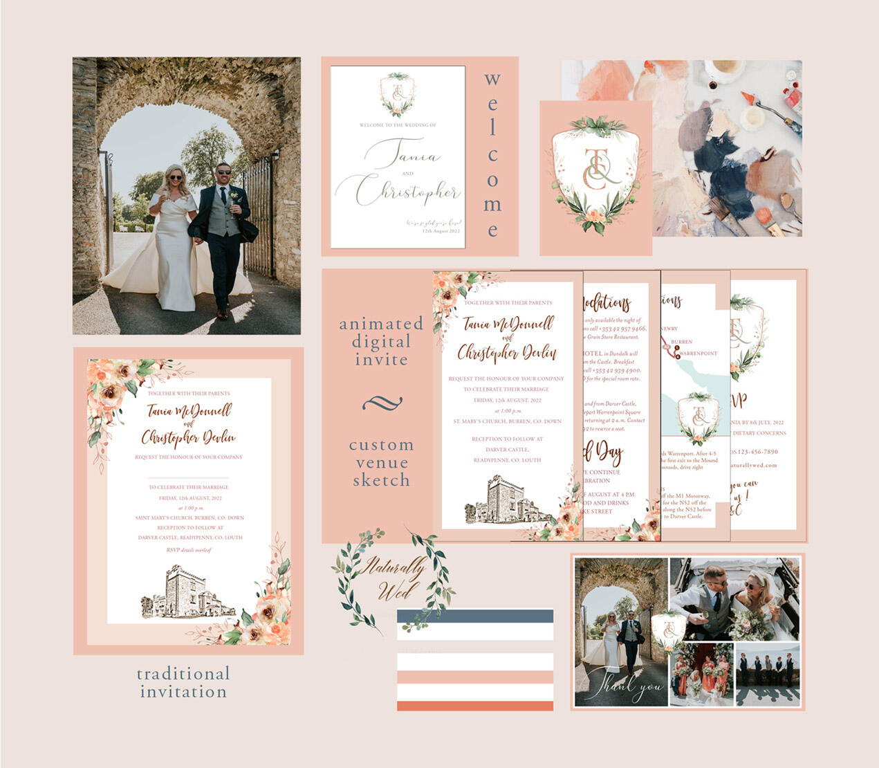 custom wedding invitation design suite soft rose shades and florals