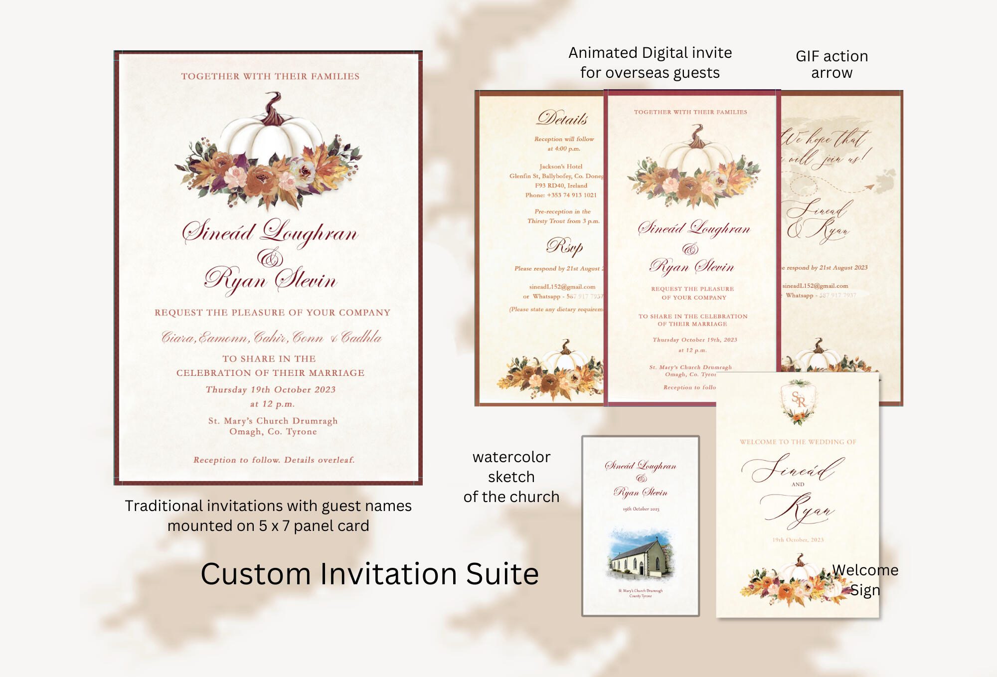 wedding invitation with a custom graphic of a white pumpkin with fall florals