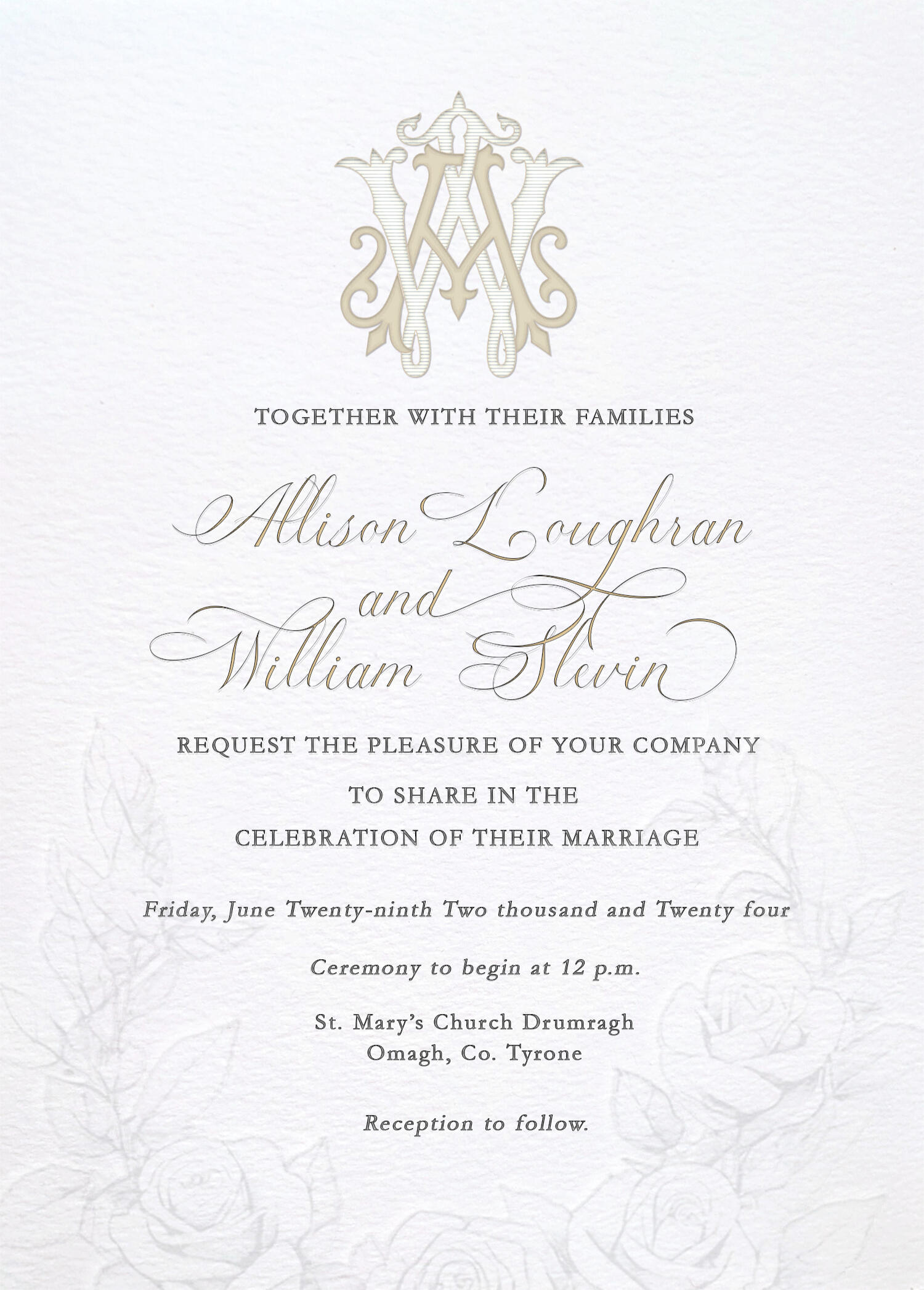custom wedding monogram faux letterpress wedding invitation