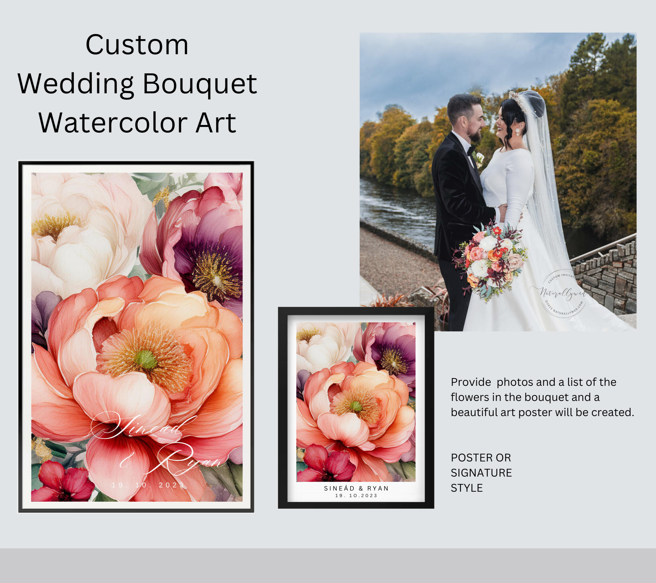 custom wedding bouquet watercolor poster keepsake